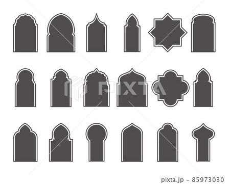 Set of Arabic windows and doors. Silhouette of Islamic architecture elements. Vector EPS 10 85973030