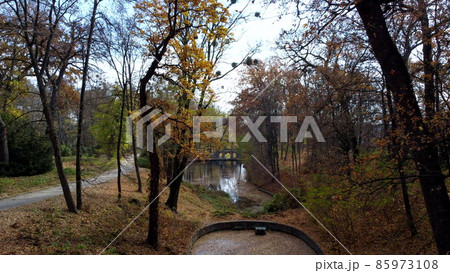 Aerial drone view flight through tree branches in park with lakes, architecture Aerial drone view flight through tree branches in park with lakes, architecture 85973108