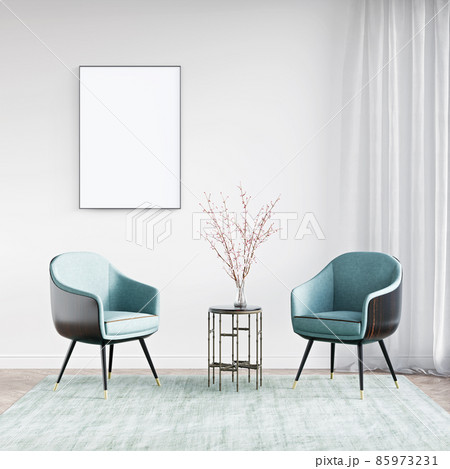 Modern interior of a room with an empty painting. Sofa and large window, wooden floor and wall. Clean lines of interior design. 3D rendering 85973231