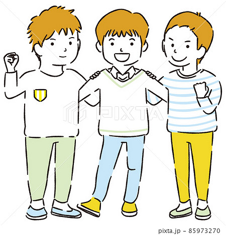 線画カラーイラスト　3人の男の子　ガッツポーズ 85973270