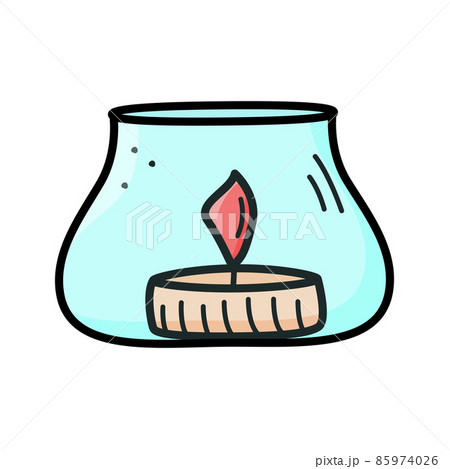 Burning candle in the candlestick icon, vector doodle illustration of a wax candle with a wick Burning candle in the candlestick icon, vector doodle illustration of a wax candle with a wick 85974026