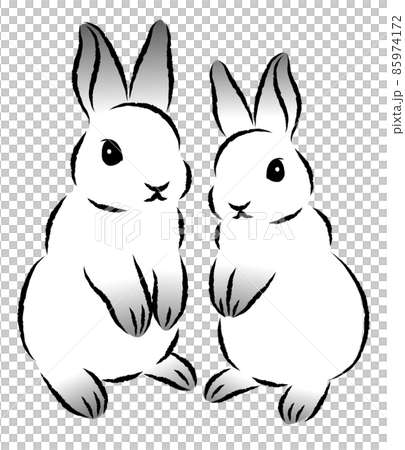 二本足で立ち上がっているウサギの親子 絵筆で描いた墨絵風のお洒落な
