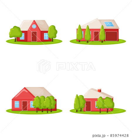Set of cute red country house with tree, summer cottage building on green field modern cartoon vector illustration, isolated on white. 85974428