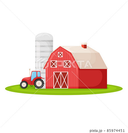 Country house with red barn, farmer tractor and granary building on green farm field plot cartoon vector illustration, isolated on white. Country house with red barn, farmer tractor and granary building on green farm field plot cartoon vector illustration, isolated on white. 85974451