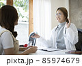 Doctor discussing with female patient in private hospital. 85974679
