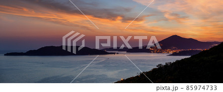 Sunset landscape view of Budva riviera in Montenegro Sunset landscape view of Budva riviera in Montenegro 85974733