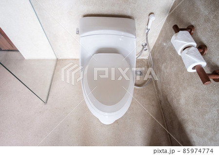 New ceramic toilet bowl and toilet paper. Cleaning, WC, Lifestyle and personal hygiene concept 85974774