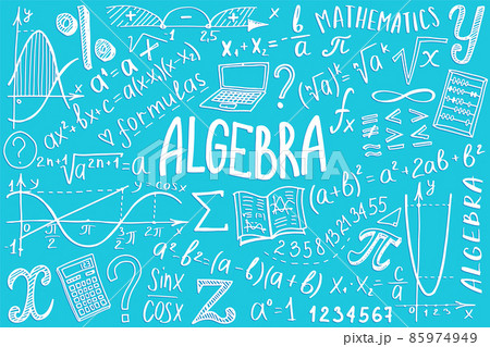 Maths symbols icon set. Algebra or mathematics subject doodle design. Education and study concept. Back to school background for notebook, not pad, sketchbook. Hand drawn illustration. 85974949