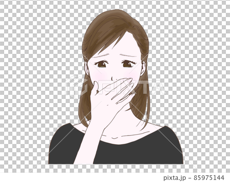 泣き顔のセミロングの女性①(口に手) 85975144