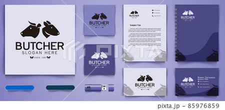 rabbit, cow head, crossed knife, slaughter logo and business branding template Designs Inspiration Isolated on White Background rabbit, cow head, crossed knife, slaughter logo and business branding template Designs Inspiration Isolated on White Background 85976859
