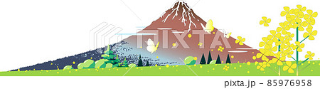 浮世絵の富士山と菜の花の春の風景イラスト 85976958