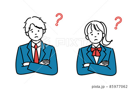 腕組みをして考えている男子学生と女子学生のシンプルイラストセット 85977062