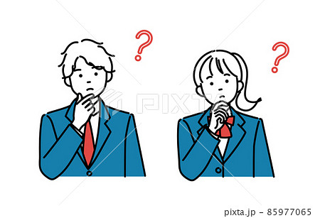 あごに手をあてて考えている男子学生と女子学生のシンプルイラストセット 85977065