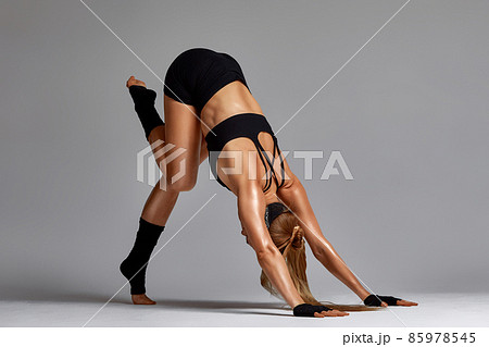 Portrait of female anger, animal instinct, demonstrating their incredible flexibility with the movement of animal flow in the studio on a gray background. Portrait of female anger, animal instinct, demonstrating their incredible flexibility with the movement of animal flow in the studio on a gray background. 85978545
