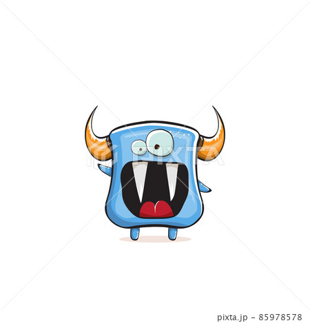 Vector cartoon funny blue monster with horn isolated on white background. Smiling silly blue monster print sticker design template. Ghost, troll, gremlin, goblin, devil and monster Vector cartoon funny blue monster with horn isolated on white background. Smiling silly blue monster print sticker design template. Ghost, troll, gremlin, goblin, devil and monster 85978578