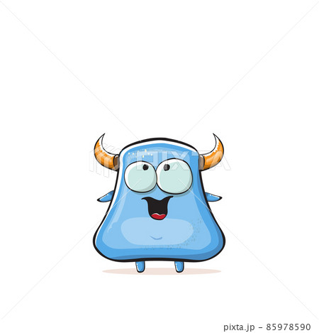Vector cartoon funny blue monster with horn isolated on white background. Smiling silly blue monster print sticker design template. Ghost, troll, gremlin, goblin, devil and monster Vector cartoon funny blue monster with horn isolated on white background. Smiling silly blue monster print sticker design template. Ghost, troll, gremlin, goblin, devil and monster 85978590