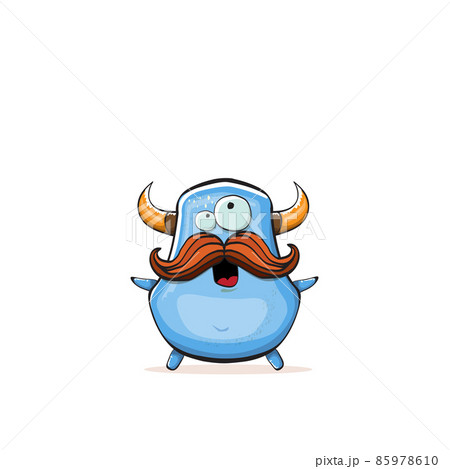 Vector cartoon funny blue monster with horn isolated on white background. Smiling silly blue monster print sticker design template. Ghost, troll, gremlin, goblin, devil and monster 85978610