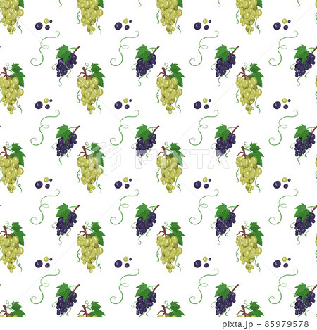 Seamless pattern with white grapes on branches with berries and leaves. Sweet healthy food print, wholesome delicious dessert background. Vector flat illustration Seamless pattern with white grapes on branches with berries and leaves. Sweet healthy food print, wholesome delicious dessert background. Vector flat illustration 85979578