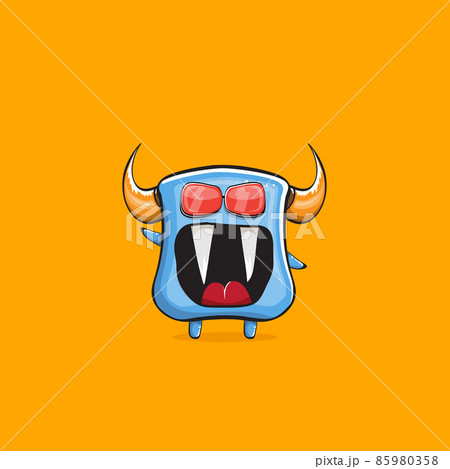 Vector cartoon funny blue monster with horn and sunglasses isolated on orange background. Smiling silly blue monster print sticker design template. Ghost, troll, gremlin, goblin, devil and monster 85980358