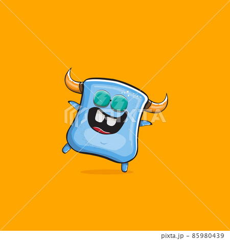 Vector cartoon funny blue monster with horn and sunglasses isolated on orange background. Smiling silly blue monster print sticker design template. Ghost, troll, gremlin, goblin, devil and monster 85980439