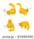 Disgruntled cat wonders where his food is, meows, demands his food, sleeps. Set of pet vector illustration isolated on white background. Simple cartoon doodle style. Funny chubby domestic animal. 85980490
