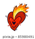Burning heart with flame. Element for design saint valentine day, 14 February. Vector illustration doodle style isolated on white background. Hand drawn colored trendy clip art. Symbol of passion love 85980491