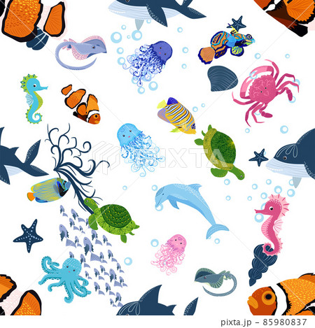 Marine life, fish, animals bright seamless pattern. sea travel, underwater diving animal tropical fish. Jellyfish, whale, shark, seahorse, clown fish, dolphin, turtle emperor fish octopus stingray 85980837