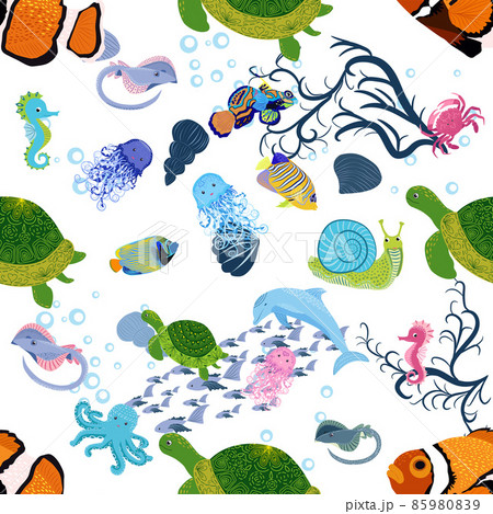 Marine life, fish, animals bright seamless pattern. sea travel, underwater diving animal tropical fish. Jellyfish, whale, shark, seahorse, clown fish, dolphin, turtle emperor fish octopus stingray Marine life, fish, animals bright seamless pattern. sea travel, underwater diving animal tropical fish. Jellyfish, whale, shark, seahorse, clown fish, dolphin, turtle emperor fish octopus stingray 85980839