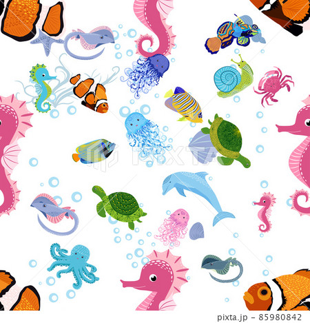 Marine life, fish, animals bright seamless pattern. sea travel, underwater diving animal tropical fish. Jellyfish, whale, shark, seahorse, clown fish, dolphin, turtle emperor fish octopus stingray Marine life, fish, animals bright seamless pattern. sea travel, underwater diving animal tropical fish. Jellyfish, whale, shark, seahorse, clown fish, dolphin, turtle emperor fish octopus stingray 85980842