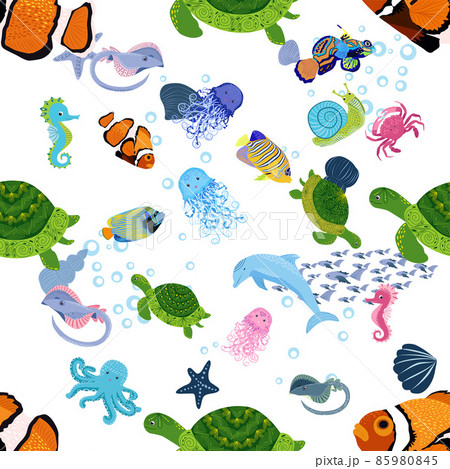 Marine life, fish, animals bright seamless pattern. sea travel, underwater diving animal tropical fish. Jellyfish, whale, shark, seahorse, clown fish, dolphin, turtle emperor fish octopus stingray Marine life, fish, animals bright seamless pattern. sea travel, underwater diving animal tropical fish. Jellyfish, whale, shark, seahorse, clown fish, dolphin, turtle emperor fish octopus stingray 85980845