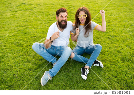 Man bearded hipster and pretty woman cheerful faces. Man bearded hipster and pretty woman cheerful faces. 85981001