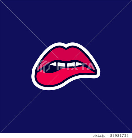 Womans sensuous lips, beautiful open mouth biting lip with lipstick, sticker in the cartoon style. 85981732