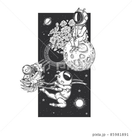 Two astronauts, planets and flowers. Space Print. Two astronauts, planets and flowers. Space Print. 85981891