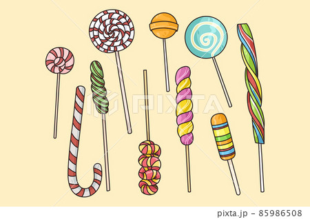 Set of different caramel candies on sticks  85986508