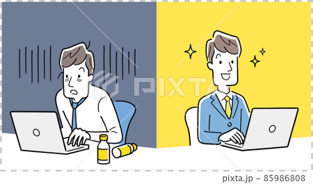 ベクターイラスト素材：元気に働く男性ビジネスマンと疲れている男性ビジネスマン 85986808