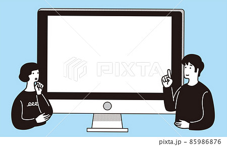 デスクトップパソコンと男女のシンプルなイラスト デスクトップパソコンと男女のシンプルなイラスト 85986876