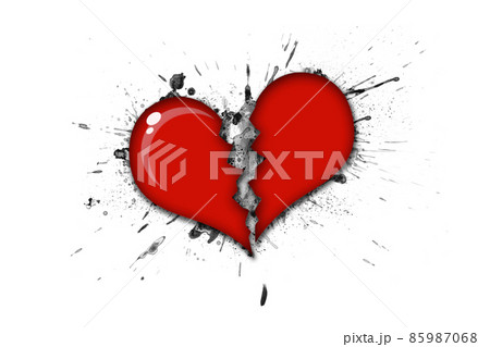 Broken heart with black blood on white background Broken heart with black blood on white background 85987068