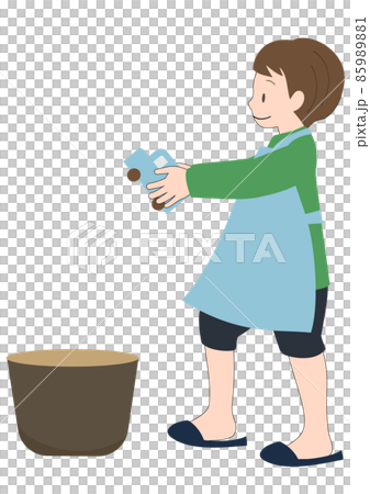 イラスト素材：エプロンをして笑顔で車のおもちゃをを片づけている男の子 85989881