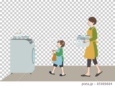 エプロンをして笑顔で洗濯をする女性と、お手伝いをする子供のイラストセット 85989884