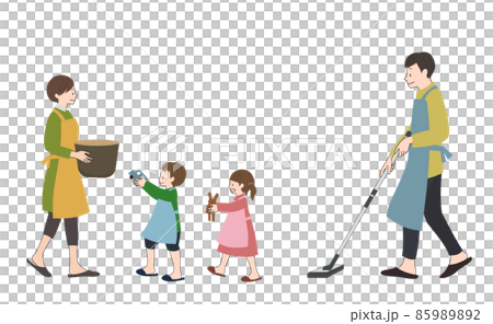 Icon set for men wearing an apron and mopping with a smile, and women and children cleaning up 85989892