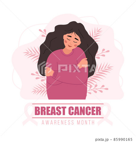 Breast cancer awareness month poster. Happy woman hugging herself. Annual international health campaign. Vector illustration in flat cartoon style 85990165