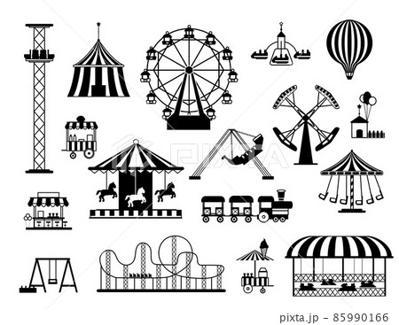 Fun amusement carnival park attractions and carousels black silhouettes. Funfair circus tent, swings, train and hot air balloon vector set 85990166