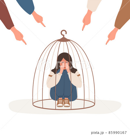 Girl locked in cage. Fingers pointing on sad muslim woman. Depressed teenager in hijab hugging knees and crying. School bullying. Empowerment movement. Vector illustration in cartoon style 85990167