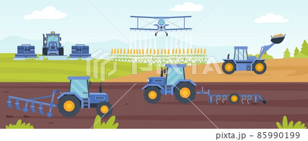 Agricultural machinery banner with farm field landscape and tractor. Combines cultivating soil for crop. Agriculture industry vector concept Agricultural machinery banner with farm field landscape and tractor. Combines cultivating soil for crop. Agriculture industry vector concept 85990199