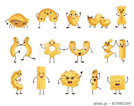 Cartoon funny pasta characters, italian macaroni mascot emoji. Comic happy spaghetti, penne and fusilli with face, hands and legs vector set 85990209