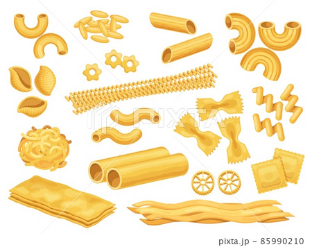 Cartoon italian pasta types, macaroni, spaghetti and ravioli. Dry penne, farfalle, rigatoni and lasagna noodles. Pasta products vector set Cartoon italian pasta types, macaroni, spaghetti and ravioli. Dry penne, farfalle, rigatoni and lasagna noodles. Pasta products vector set 85990210