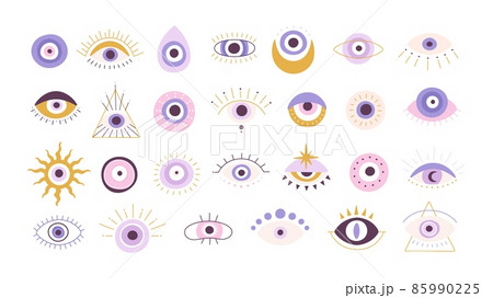 Magic greek evil eye talisman abstract designs. Mystic ethnic luck souvenir bead. Esoteric eyes amulet for tattoo. Doodle nazar vector set 85990225