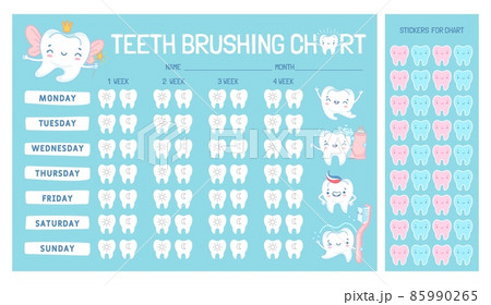 Teeth brushing chart calendar for kids with cartoon character. Cute tooth fairy, brush and paste. Children dental care vector infographic Teeth brushing chart calendar for kids with cartoon character. Cute tooth fairy, brush and paste. Children dental care vector infographic 85990265