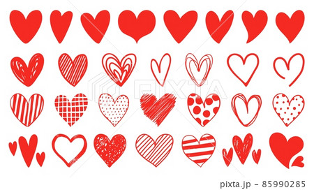 Flat, doodle and sketch red heart shape icon designs. Abstract romantic emoji symbol. Hand drawn wedding and valentine day hearts vector set 85990285