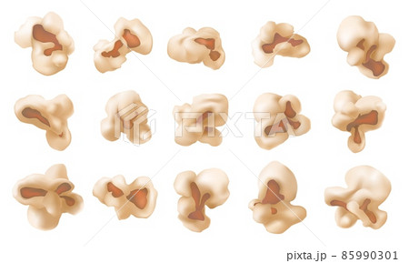 Realistic popcorn flakes, popped kernels, movie snack food. Tasty fried caramel corn seeds for cinema theatre or party. Popcorn vector set 85990301